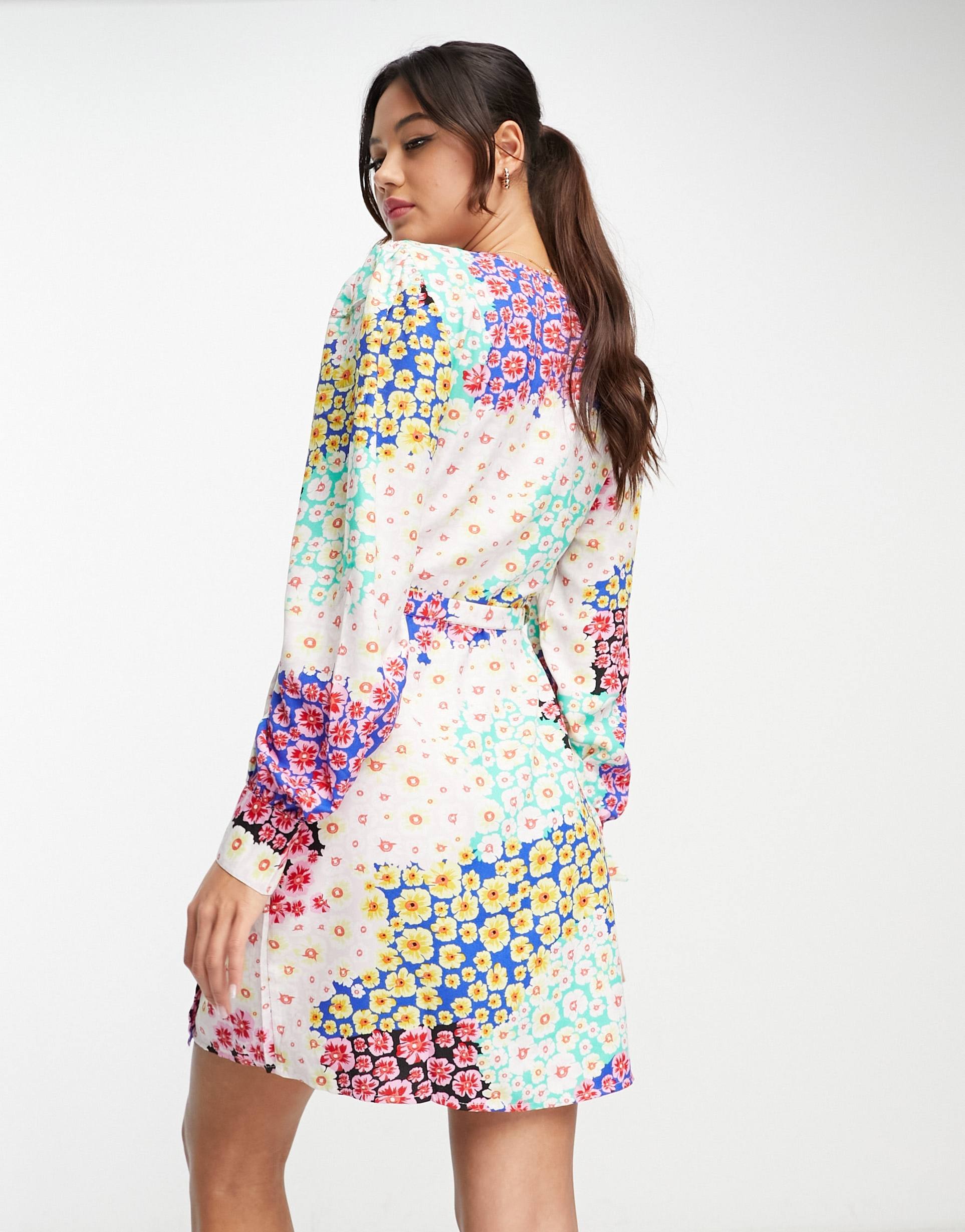 pieces exclusive wrap mini dress in patchwork floral