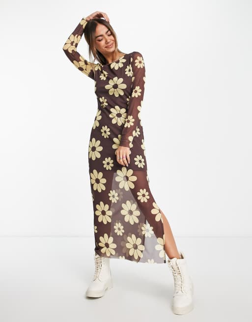 Pieces Exclusives Lange jurk met zijsplit in bruin met retro bloemen