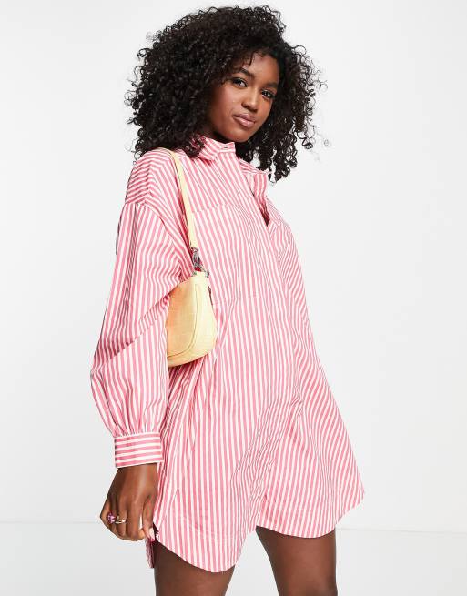 Pieces - Exclusives - Oversized gestreept overhemd in felroze en wit