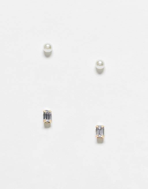 Pieces - Exclusives - Set van 2 paar oorknopjes met parel en siersteentje in goudkleur