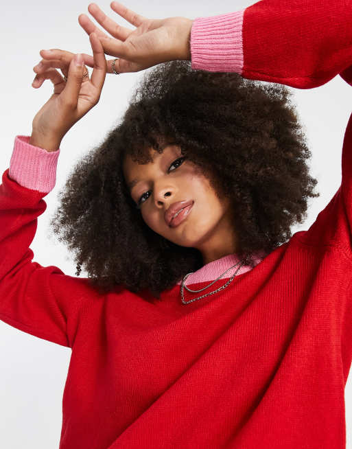 Pieces Exclusives Trui met kleurvlakken in roze en rood ASOS