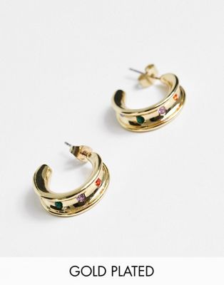 Pieces exclusive 18k plated chunky hoop with rainbow stones in gold - ASOS Price Checker