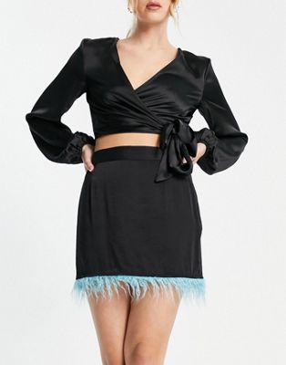 Pieces exclusive faux feather trim satin mini skirt co-ord in black - ASOS Price Checker