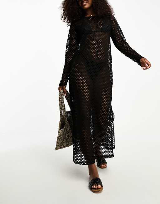 Pieces - Exclusivité - Robe crochetée mi-longue - Noir