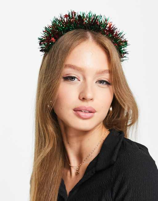 Pieces – Exklusiver Weihnachtshaarreif mit Lametta-Besatz in Rot und Grün