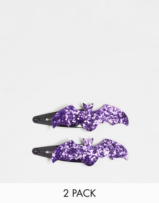 Pieces – Exklusivt – Halloween – Lila glittrig hårklämma med fladdermus, 2-pack