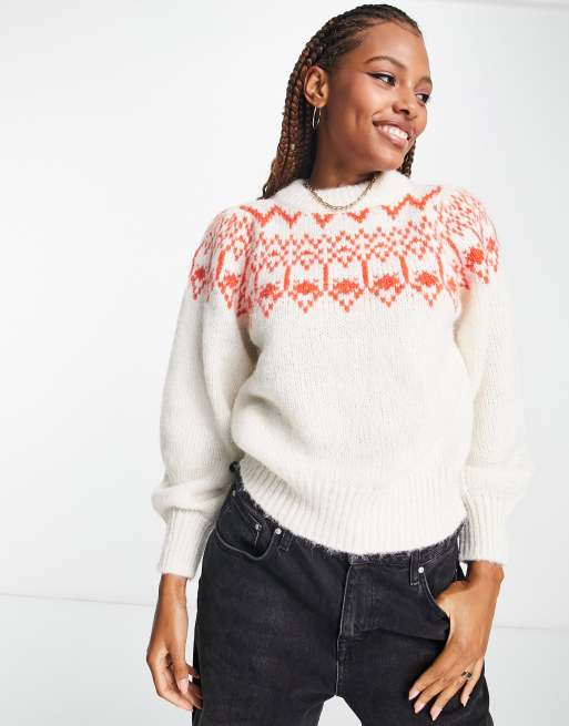 Pieces fairisle crew neck sweater in cream red