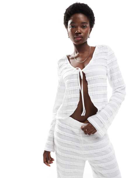 Pieces textured tie front long sleeve top co-ord in white