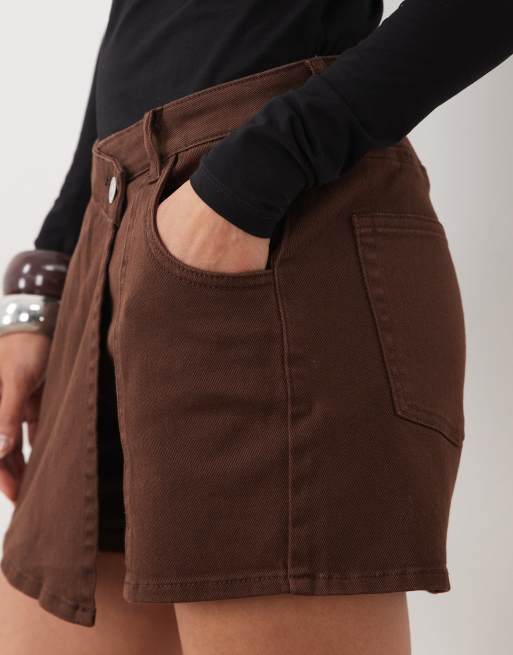 Pieces - Falda pantalón vaquera marrón café con parte delantera cruzada, 4 de 5