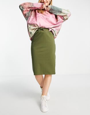 Pieces Pieces falon jersey midi skirt in moss green