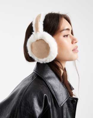 Pieces Faux Fur And Suede Earmuffs In Neutral