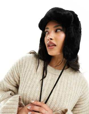 Pieces faux fur aviator hat in black | ASOS