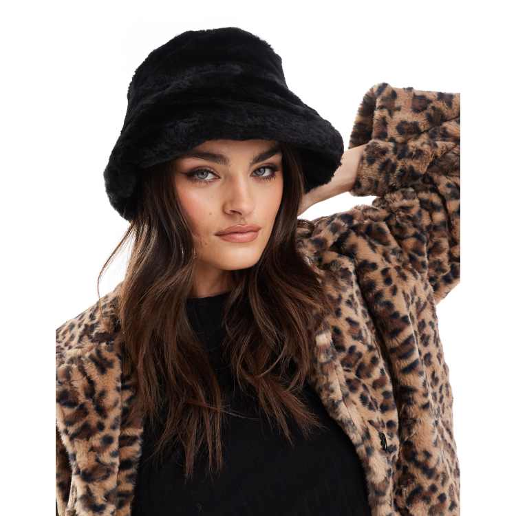 Pieces faux fur bucket hat in black ASOS