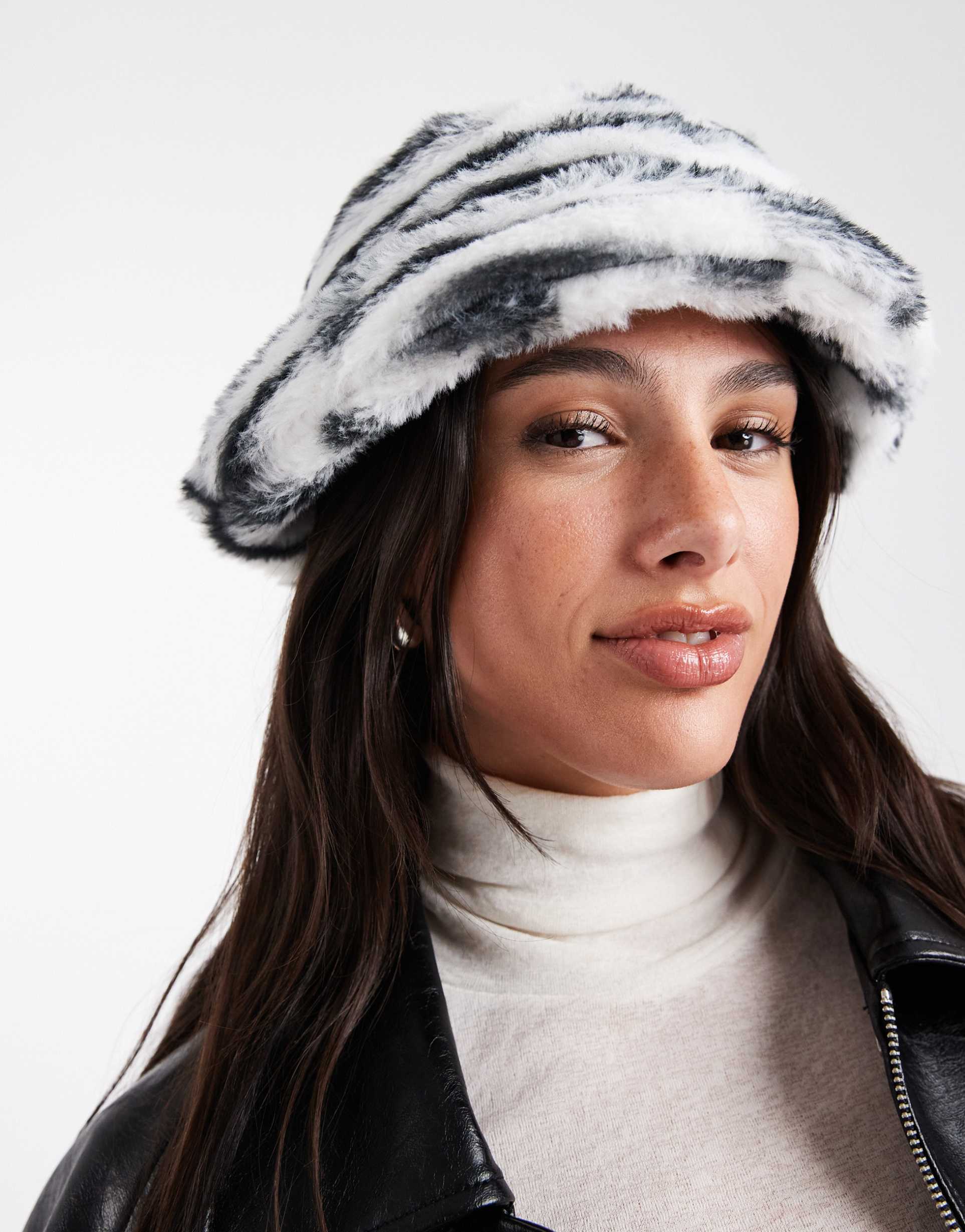 pieces faux fur bucket hat in zebra print