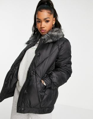 Pieces faux fur collar puffer jacket in black | ASOS