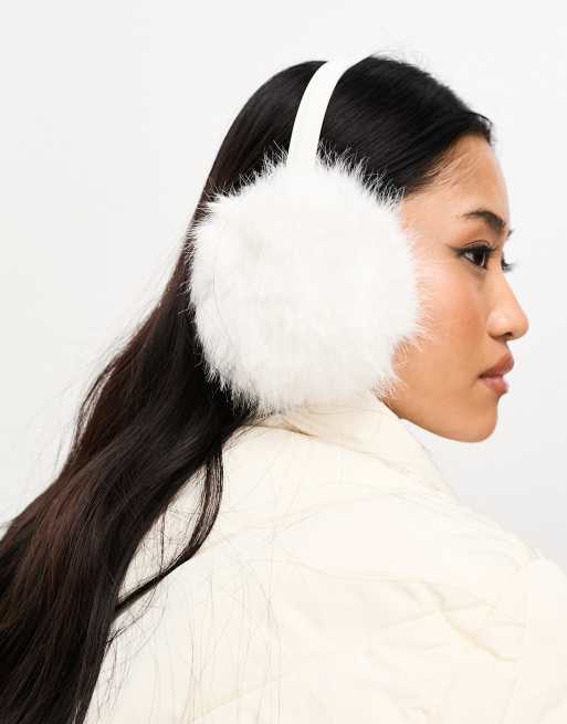 Pieces faux fur ear muffs in white ASOS