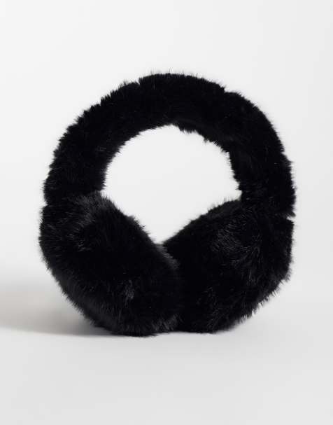 Pieces faux fur fluffy earmuffs in black - view 1