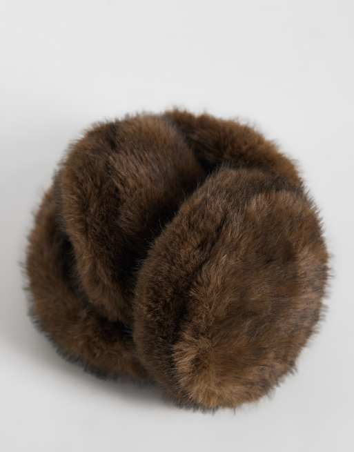 Pieces faux fur fluffy earmuffs in brown, 2 of 3