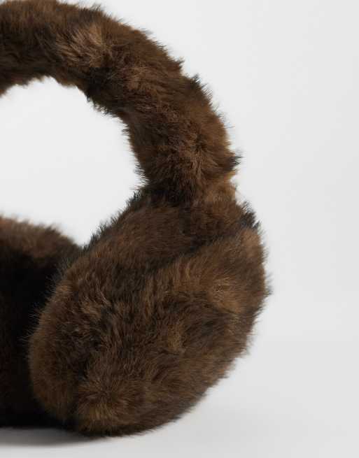 Pieces faux fur fluffy earmuffs in brown, 3 of 3