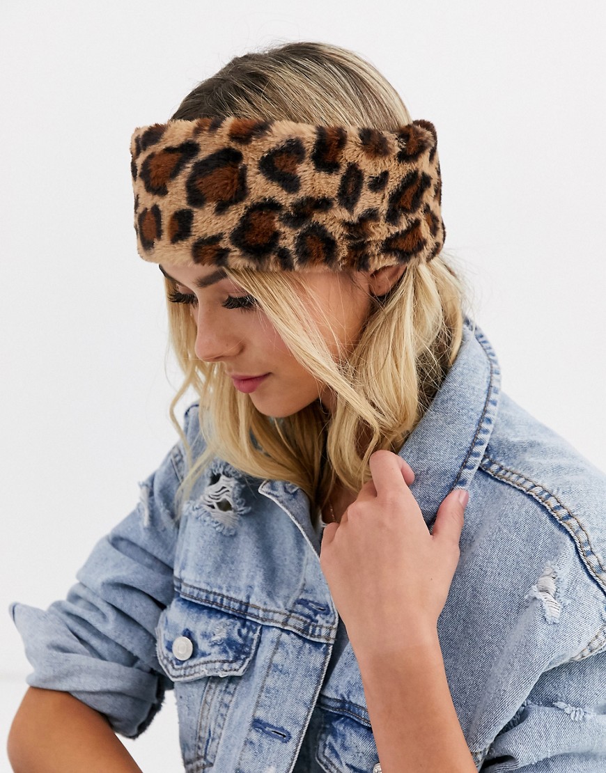 Pieces faux fur headband in leopard-Brown