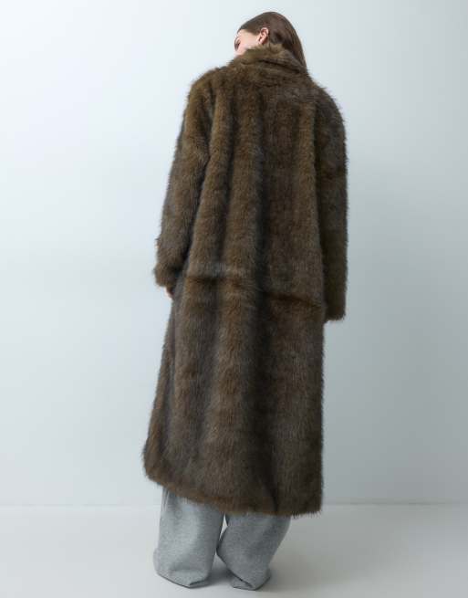 Pieces faux fur maxi coat in dark chocolate brown, 4 of 5