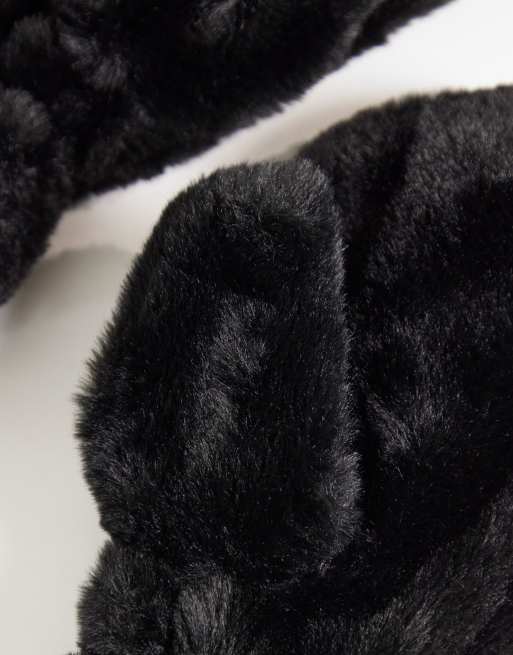 Pieces faux fur mittens in black, 2 of 3