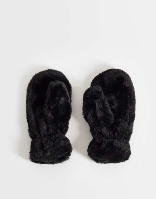 Pieces faux fur mittens in black, 3 of 3