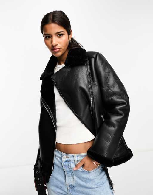 Black faux shearling 2025 trim aviator jacket