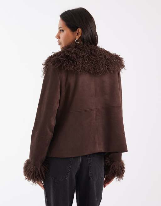 Pieces faux fur trim short penny lane coat in chocolate brown, 2 of 4