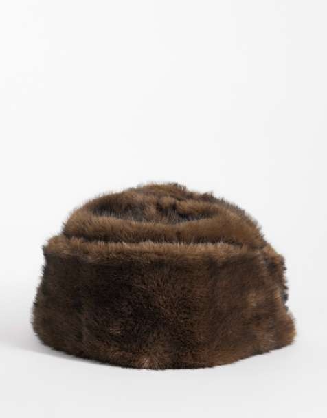 Pieces faux fur winter hat with fold up in brown - view 1