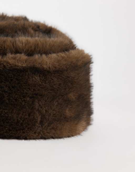 Pieces faux fur winter hat with fold up in brown, 2 of 3