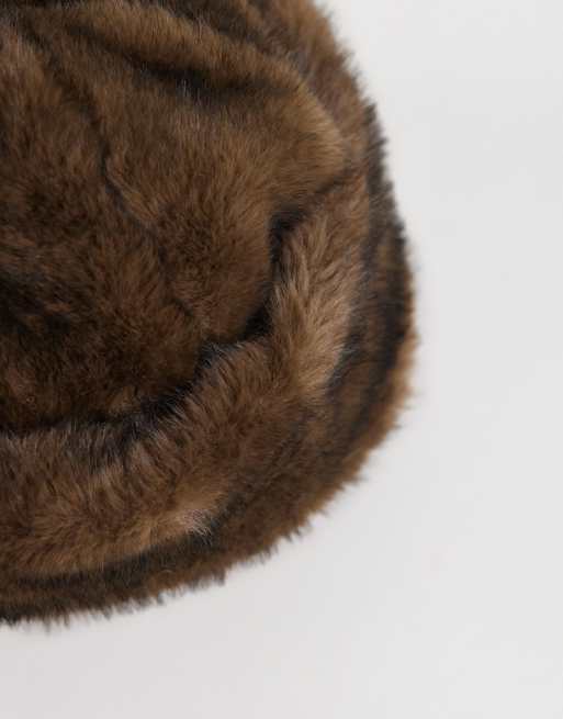 Pieces faux fur winter hat with fold up in brown, 3 of 3