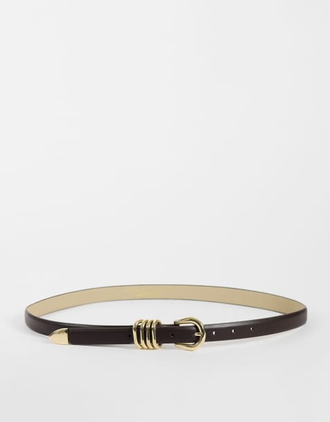 Pieces faux leather gold buckle multi keeper belt in brown - view 1