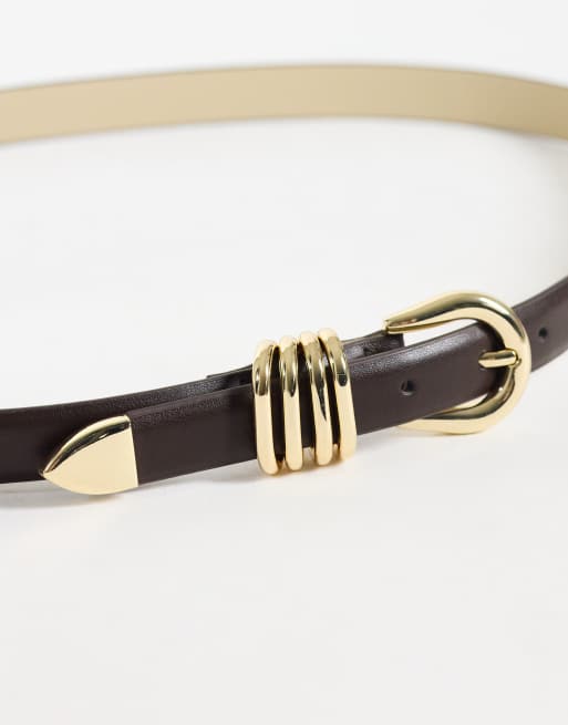 Pieces faux leather gold buckle multi keeper belt in brown, 2 of 3