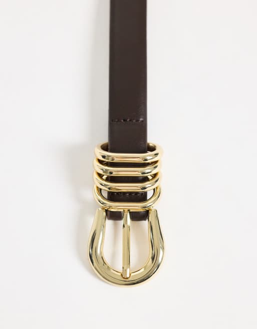 Pieces faux leather gold buckle multi keeper belt in brown, 3 of 3