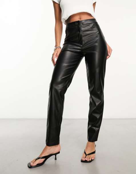 Pieces faux leather high waist straight leg pants in black - view 1