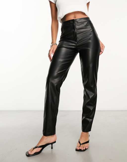 Pieces faux leather high waist straight leg pants in black | ASOS