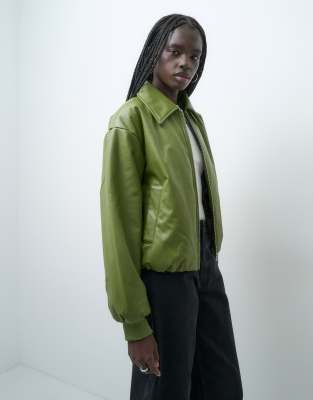 Pieces Faux Leather Padded Bomber Jacket In Green