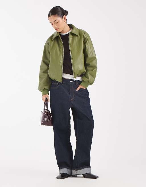 Pieces faux leather padded bomber jacket in moss green , 2 of 4