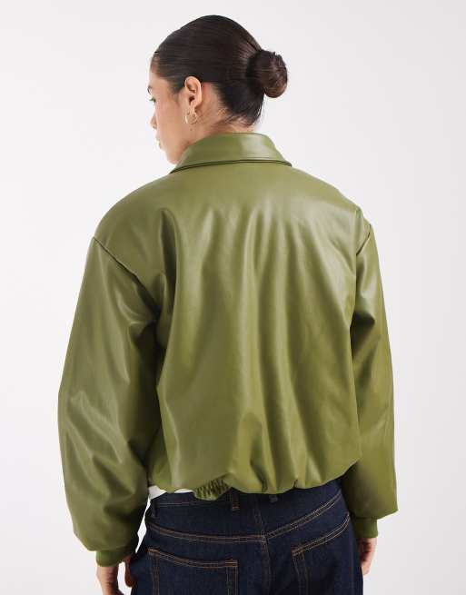Pieces faux leather padded bomber jacket in moss green , 4 of 4