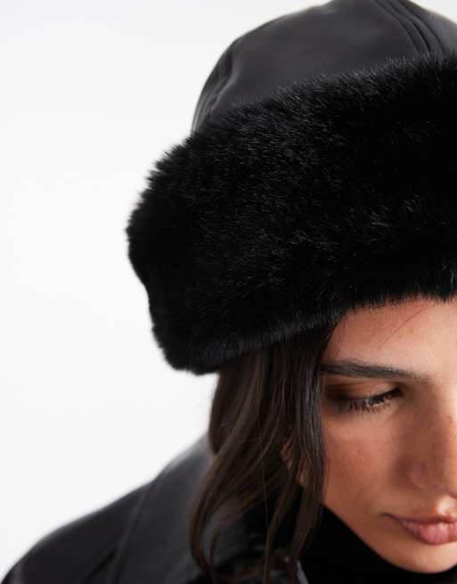 Pieces faux leather winter hat with faux fur trim in black  display picture 1