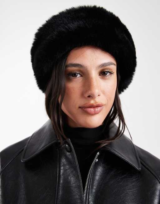 Pieces faux leather winter hat with faux fur trim in black  display picture 3