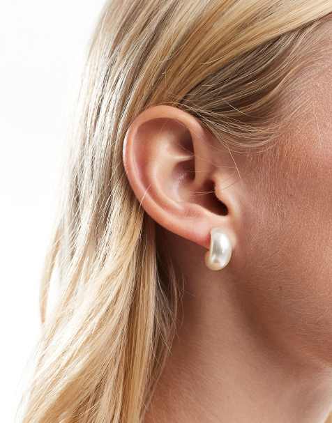 PIECES faux pearl chunky hoop earrings in white - view 1