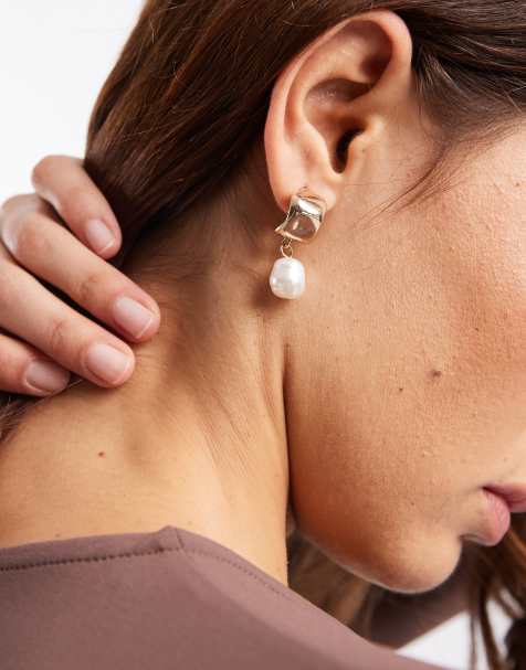 Pieces faux-pearl drop earrings in gold tone - view 1