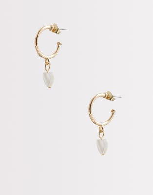 PIECES faux pearl heart hoop earrings in gold tone