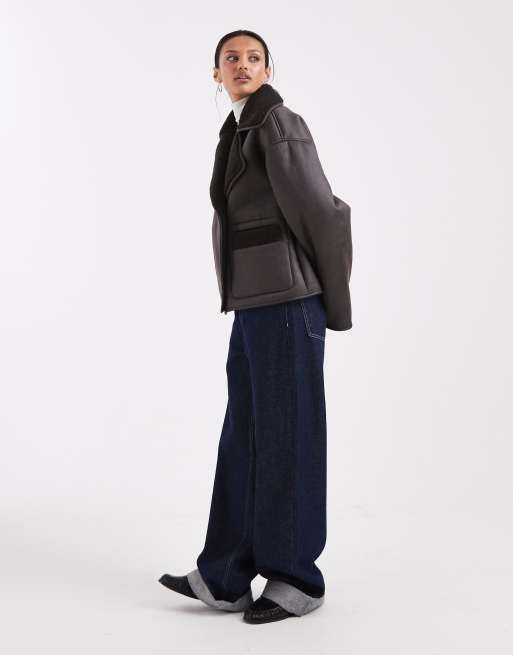 Pieces faux shearling jacket in chocolate brown, 2 of 4