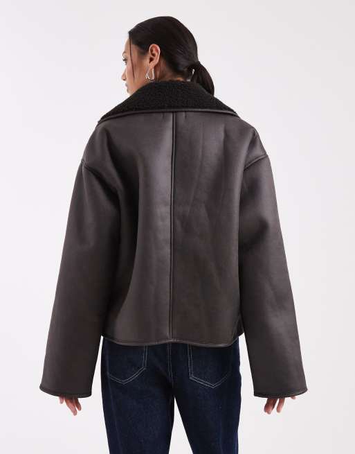 Pieces faux shearling jacket in chocolate brown, 4 of 4