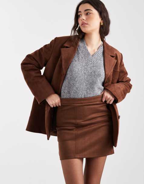 Pieces faux suede mini skirt co-ord in mid brown