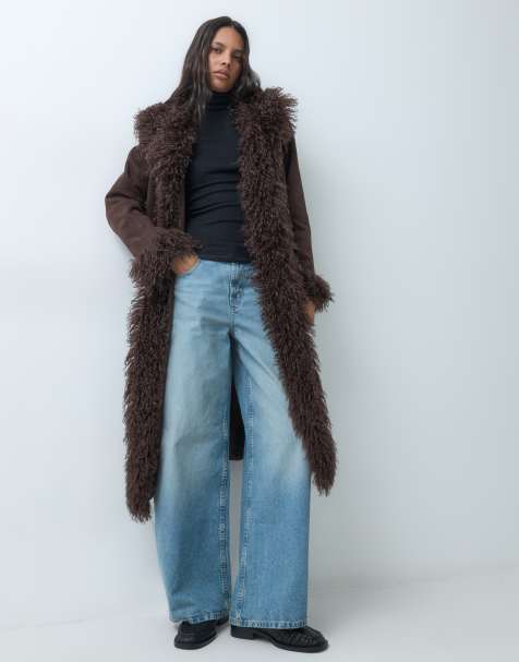 Pieces faux suede penny lane maxi coat with faux fur trims in chocolate brown - view 1
