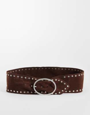 Pieces Faux Suede Wide Studded Belt In Brown